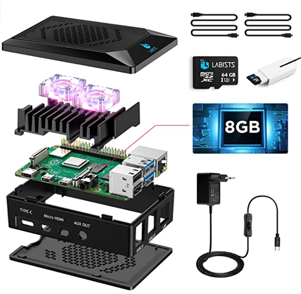 LABISTS Raspberry Pi 4 Starter Kit 8GB 64GB Alimentatore Tipo C 5.1V 3A, 2 Micro HDMI, Lettore di Scheda