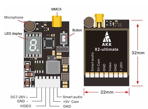 VTX AKK X2 - ultimate International da 25mW fino a 1200mW 5.8GHz Trasmettitore con Smart Audio - SMA Female - Connettore antenna MMCX