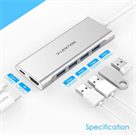 LENTION (CB-C34) Hub USB-C, 4K HDMI, 3 USB 3.0, SD 3.0 Card Reader