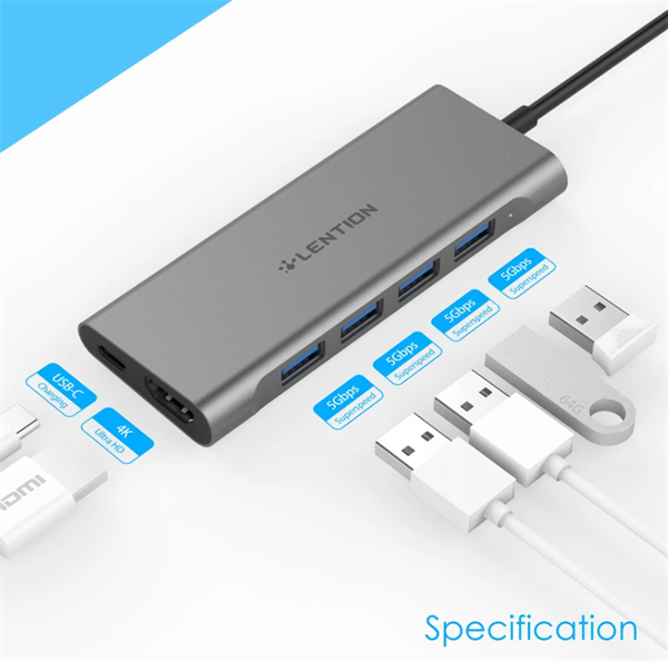 LENTION  (CB-C35H-1M) 6 in 1 Hub USB-C con 4K HDMI, 4 USB 3.0, PD