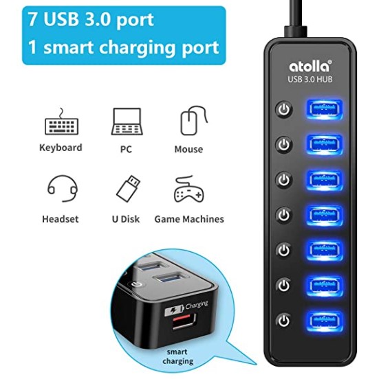 Atolla Alimentato HUB USB 3.0, 7 Porte USB SuperSpeed Trasmissione Dati e 1 Porta Quick Charg